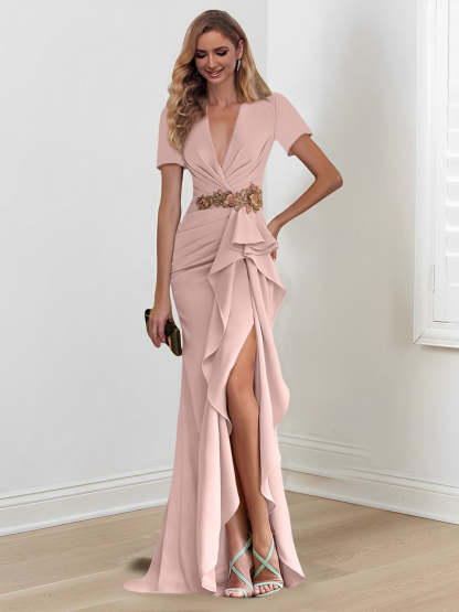 V-Neck Floor-Length Mermaid/Trumpet Mother of the Bride Dresses with Ruffles