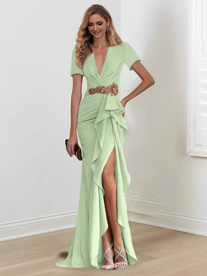 V-Neck Floor-Length Mermaid/Trumpet Mother of the Bride Dresses with Ruffles