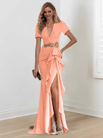 V-Neck Floor-Length Mermaid/Trumpet Mother of the Bride Dresses with Ruffles