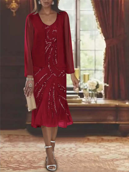 2-Piece V-Neck Chiffon Mother of the Bride Dress Set with Knee-Length Jacket and Sequins
