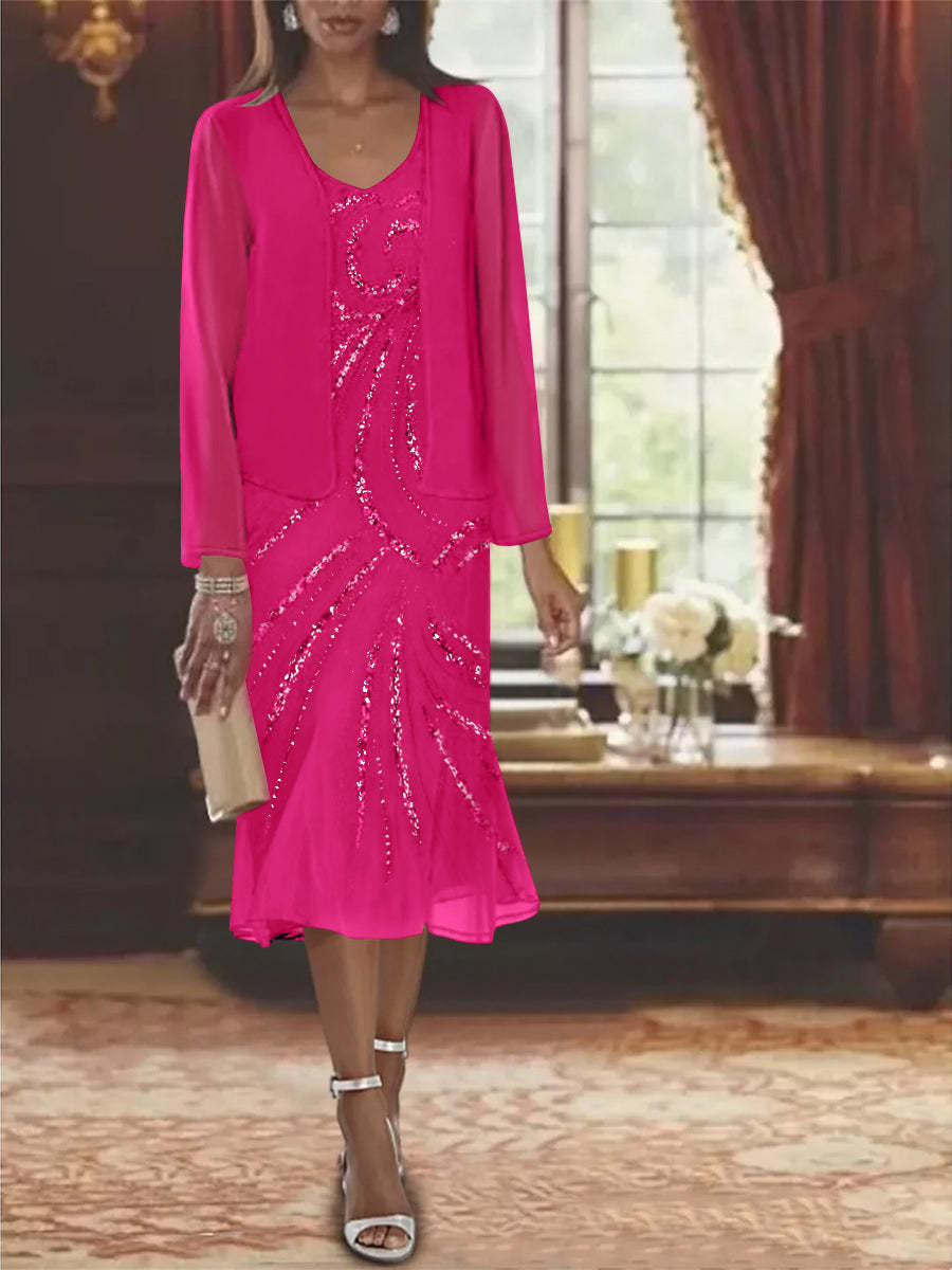 2-Piece V-Neck Chiffon Mother of the Bride Dress Set with Knee-Length Jacket and Sequins