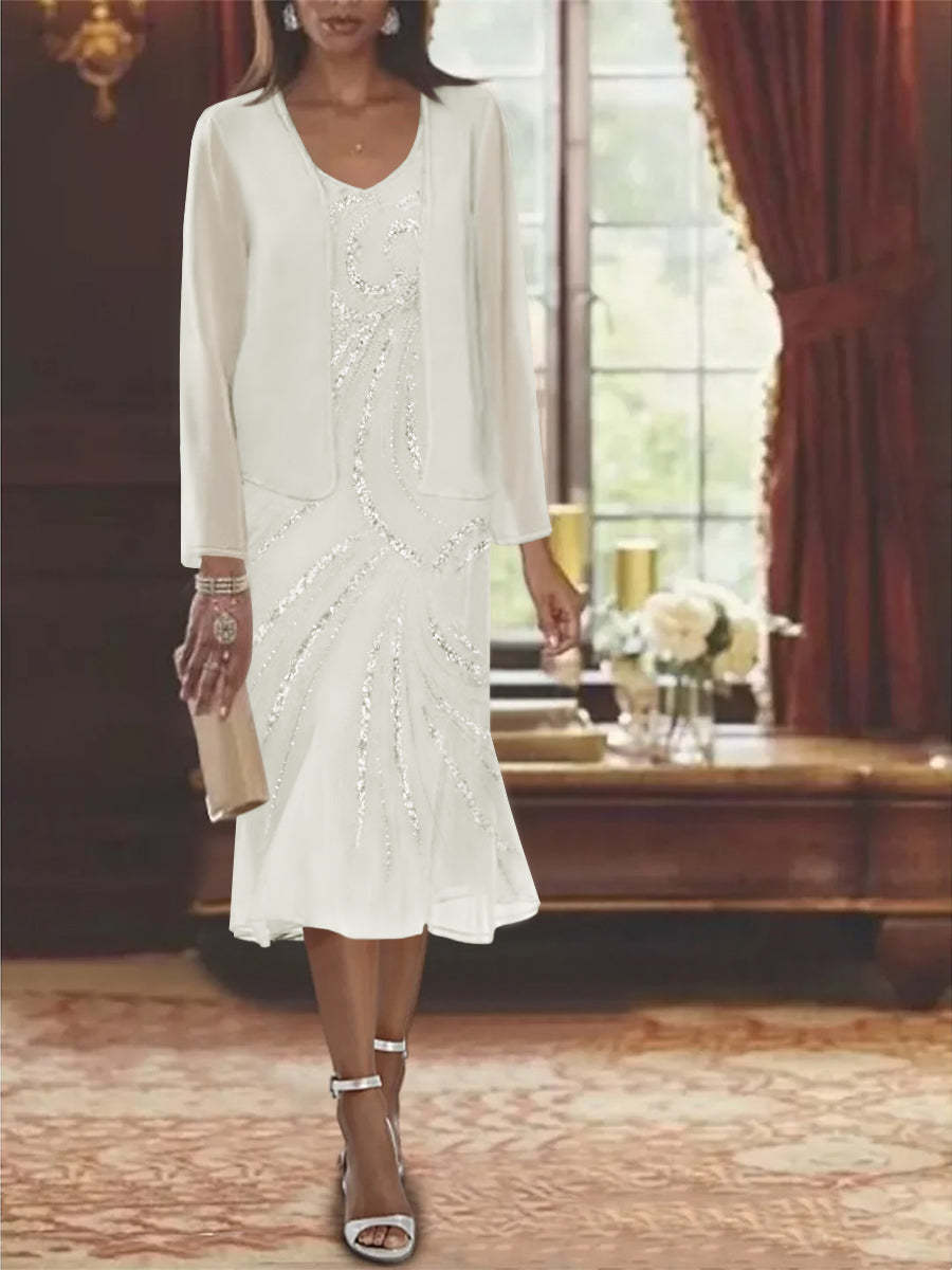 2-Piece V-Neck Chiffon Mother of the Bride Dress Set with Knee-Length Jacket and Sequins