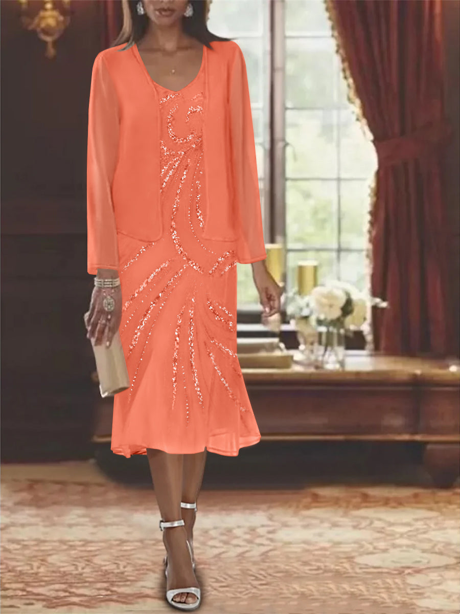 2-Piece V-Neck Chiffon Mother of the Bride Dress Set with Knee-Length Jacket and Sequins