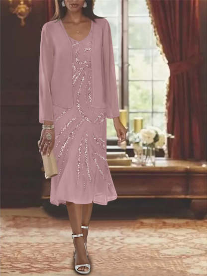2-Piece V-Neck Chiffon Mother of the Bride Dress Set with Knee-Length Jacket and Sequins