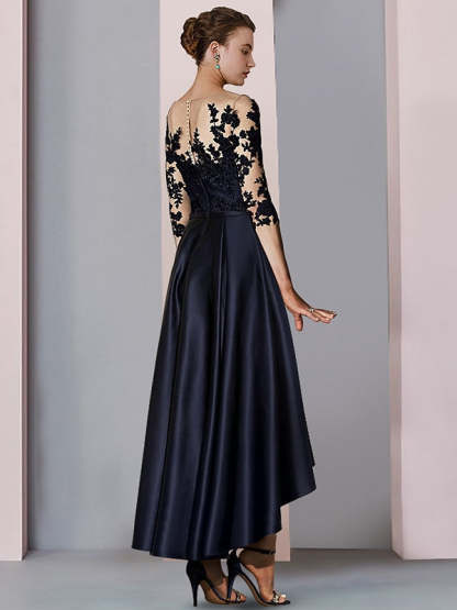 Asymmetrical Tea-Length A-Line Mother of the Bride Dress with Illusion Neckline