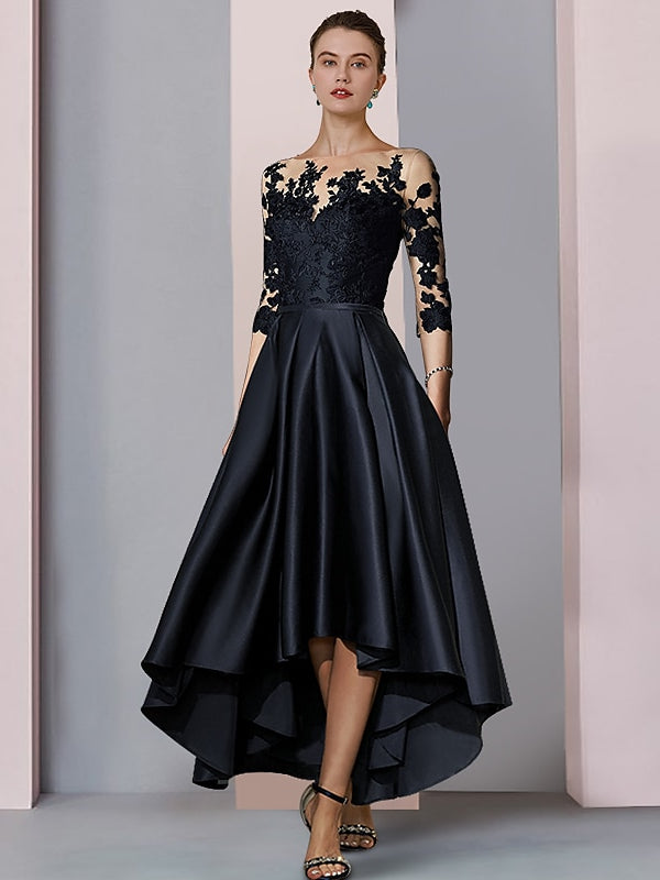 Asymmetrical Tea-Length A-Line Mother of the Bride Dress with Illusion Neckline