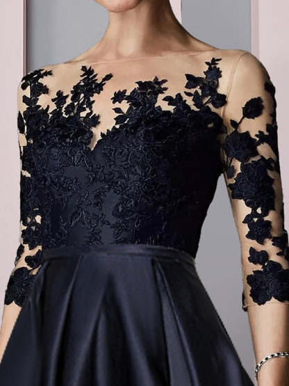 Asymmetrical Tea-Length A-Line Mother of the Bride Dress with Illusion Neckline