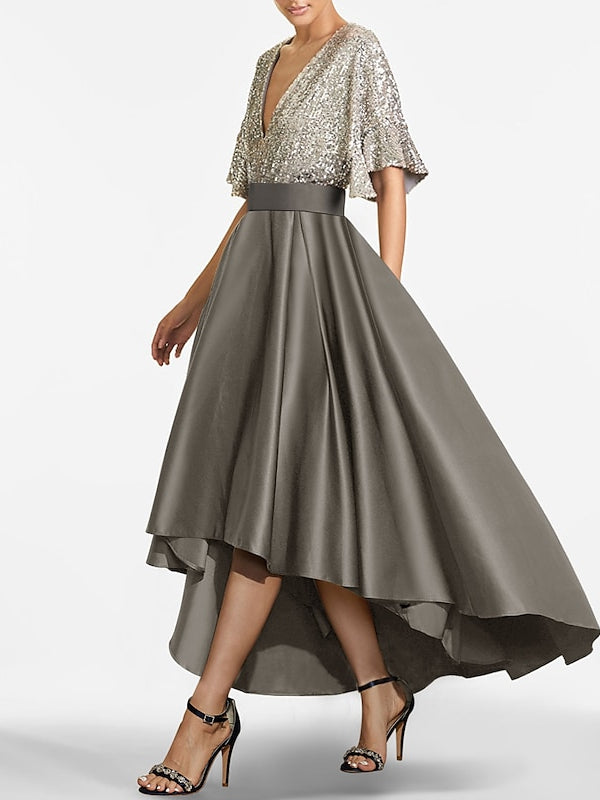 V-Neck A-Line Princess Asymmetrical Half-Sleeve Mother of the Bride Dress