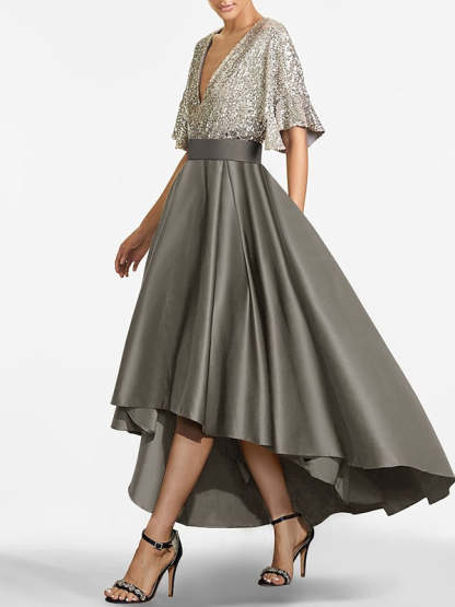 V-Neck A-Line Princess Asymmetrical Half-Sleeve Mother of the Bride Dress