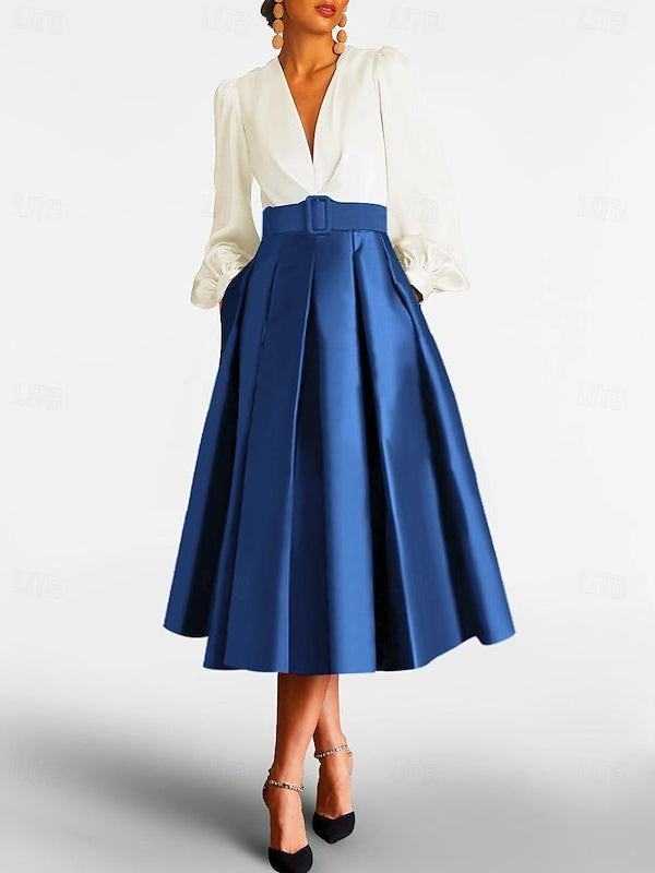 V-Neck A-Line Princess Gown with Long Sleeves and Belt for the Mother of the Bride