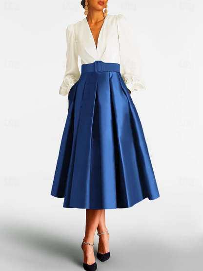 V-Neck A-Line Princess Gown with Long Sleeves and Belt for the Mother of the Bride