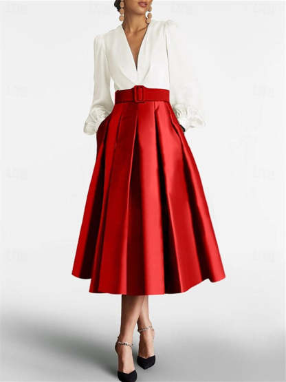 V-Neck A-Line Princess Gown with Long Sleeves and Belt for the Mother of the Bride