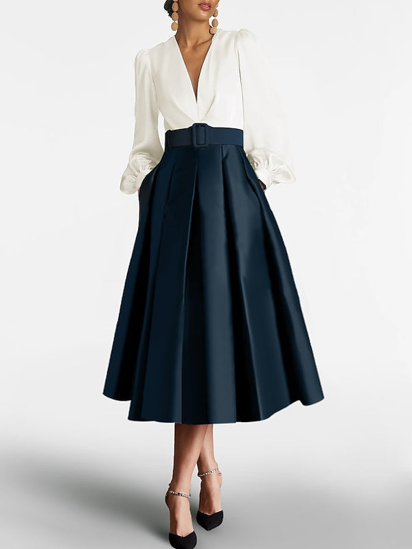 V-Neck A-Line Princess Gown with Long Sleeves and Belt for the Mother of the Bride