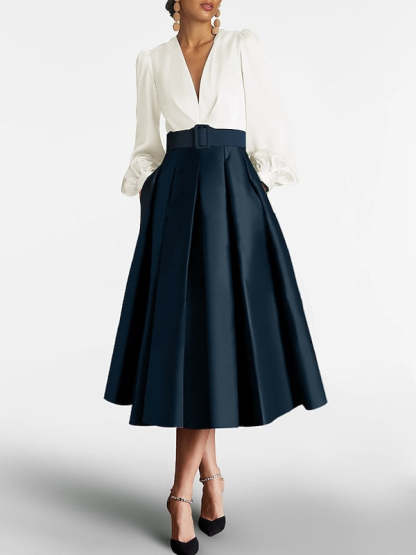 V-Neck A-Line Princess Gown with Long Sleeves and Belt for the Mother of the Bride