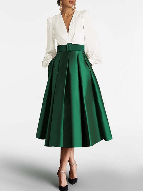 V-Neck A-Line Princess Gown with Long Sleeves and Belt for the Mother of the Bride