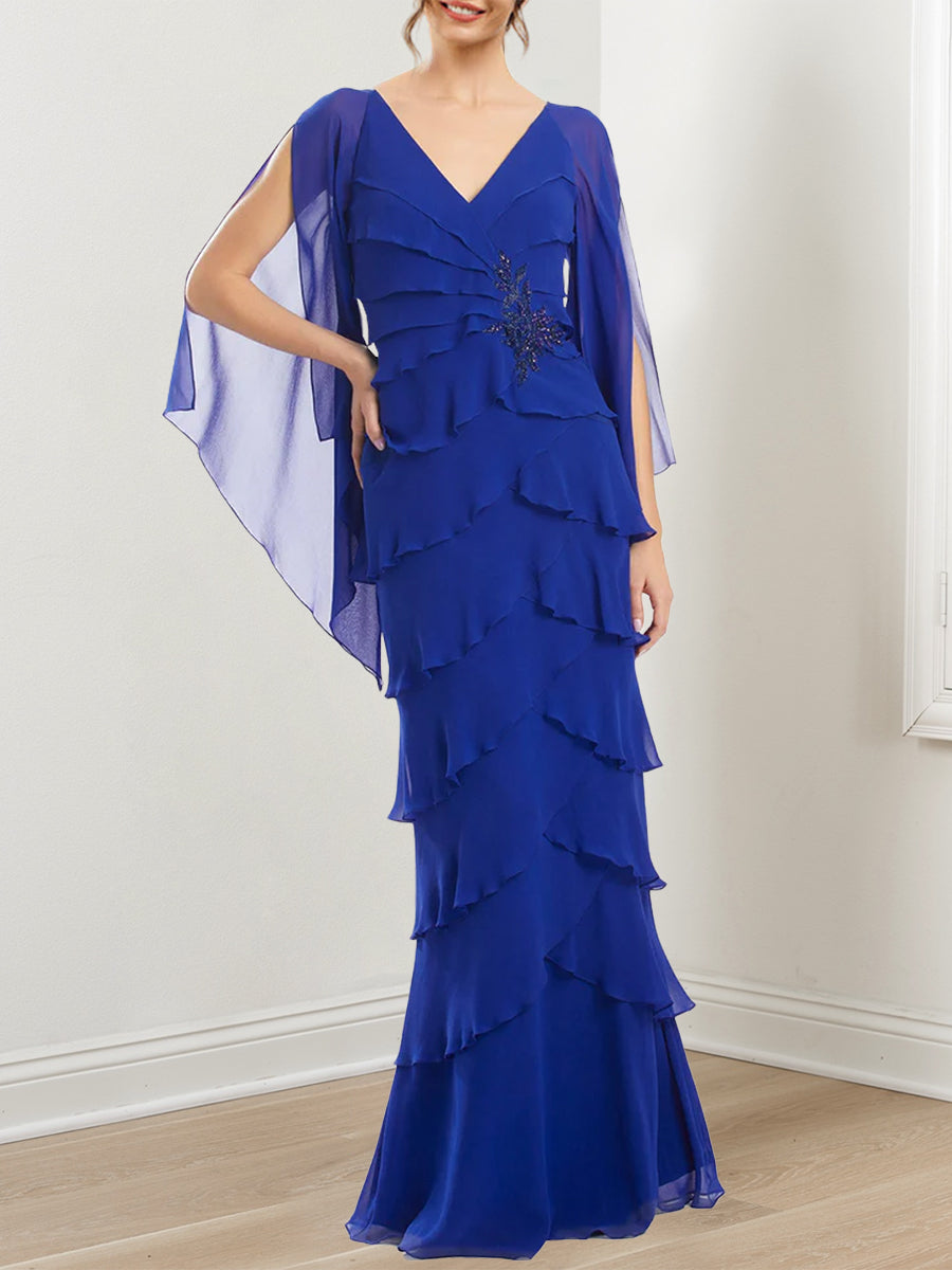 V-Neck Chiffon Wedding Guest Dress with Ruffles and Short Sleeves