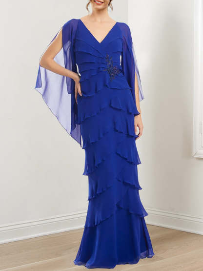 V-Neck Chiffon Wedding Guest Dress with Ruffles and Short Sleeves