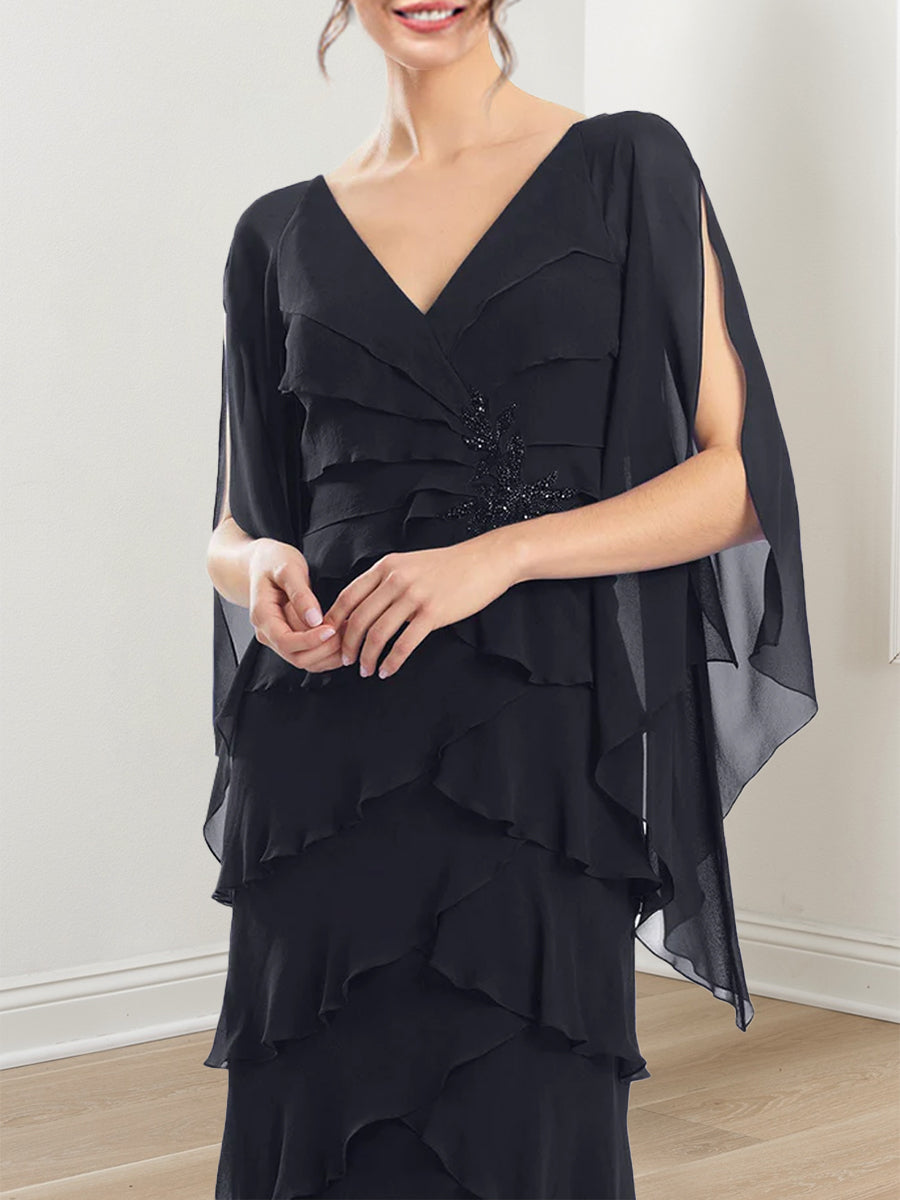 V-Neck Chiffon Wedding Guest Dress with Ruffles and Short Sleeves