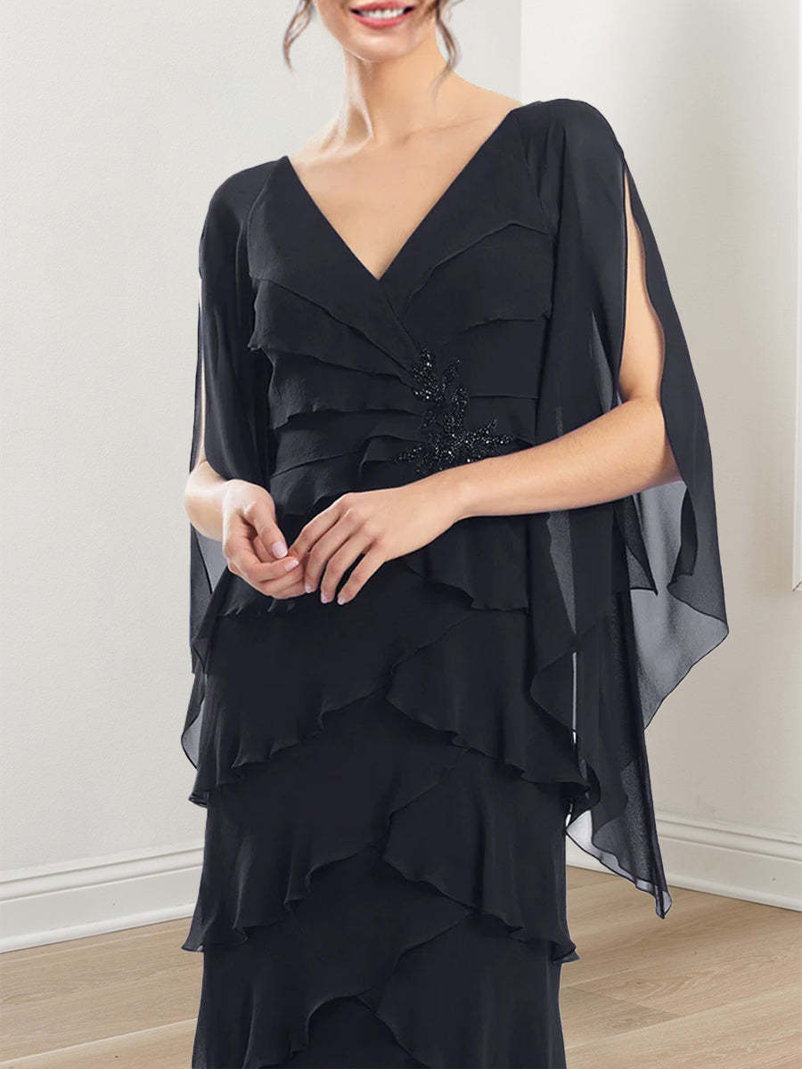 V-Neck Chiffon Wedding Guest Dress with Ruffles and Short Sleeves