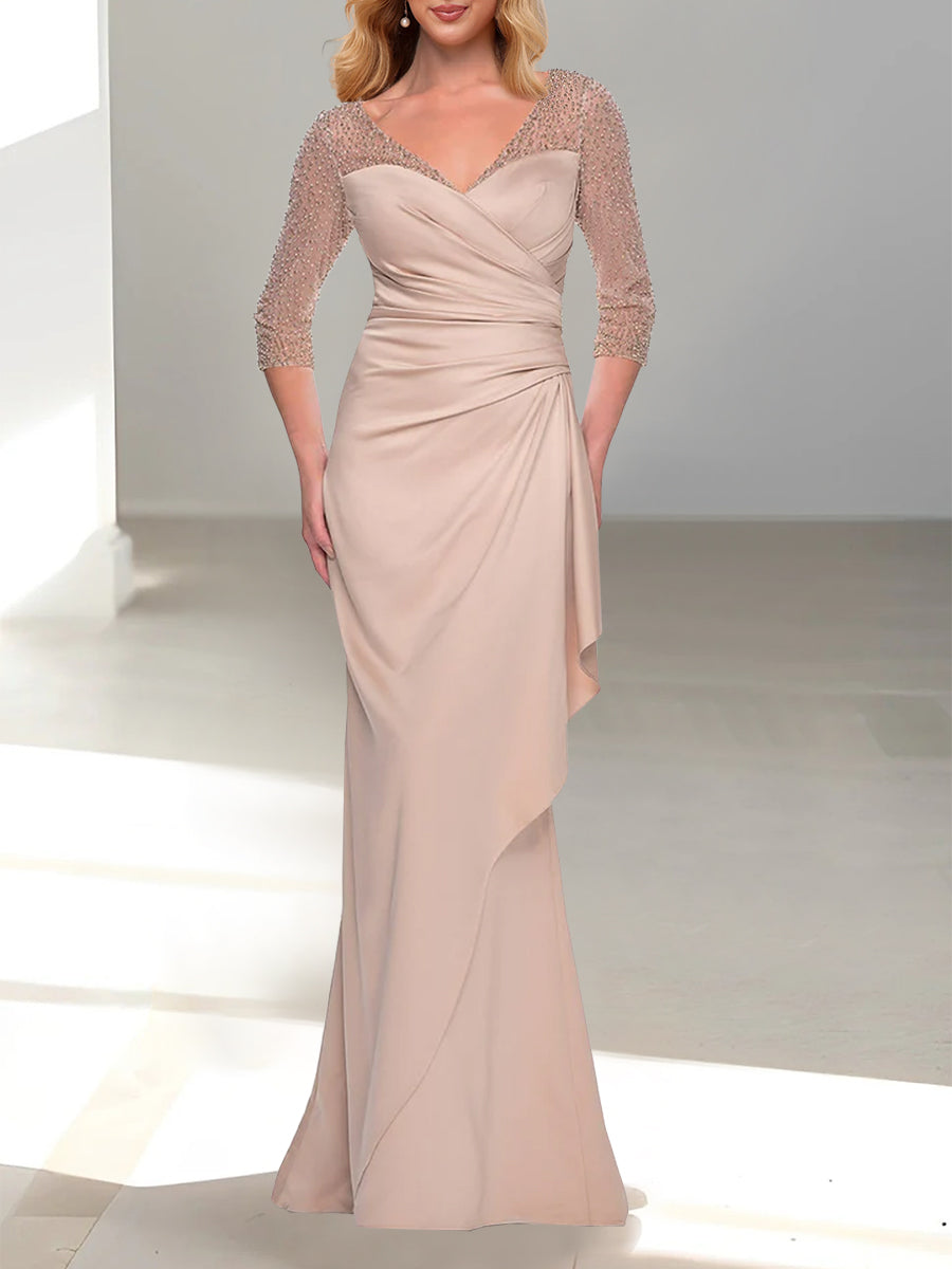 Mermaid V-Neck 3/4 Sleeve Trumpet Mother of the Bride Dress with Beading
