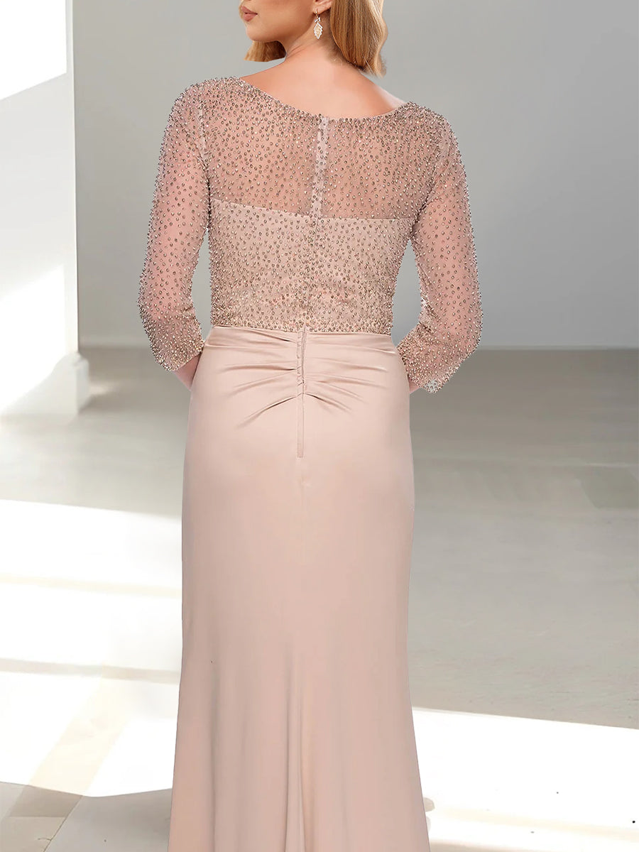 Mermaid V-Neck 3/4 Sleeve Trumpet Mother of the Bride Dress with Beading