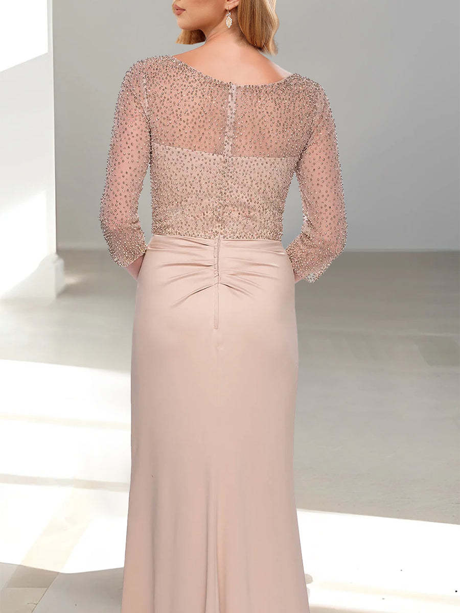 Mermaid V-Neck 3/4 Sleeve Trumpet Mother of the Bride Dress with Beading