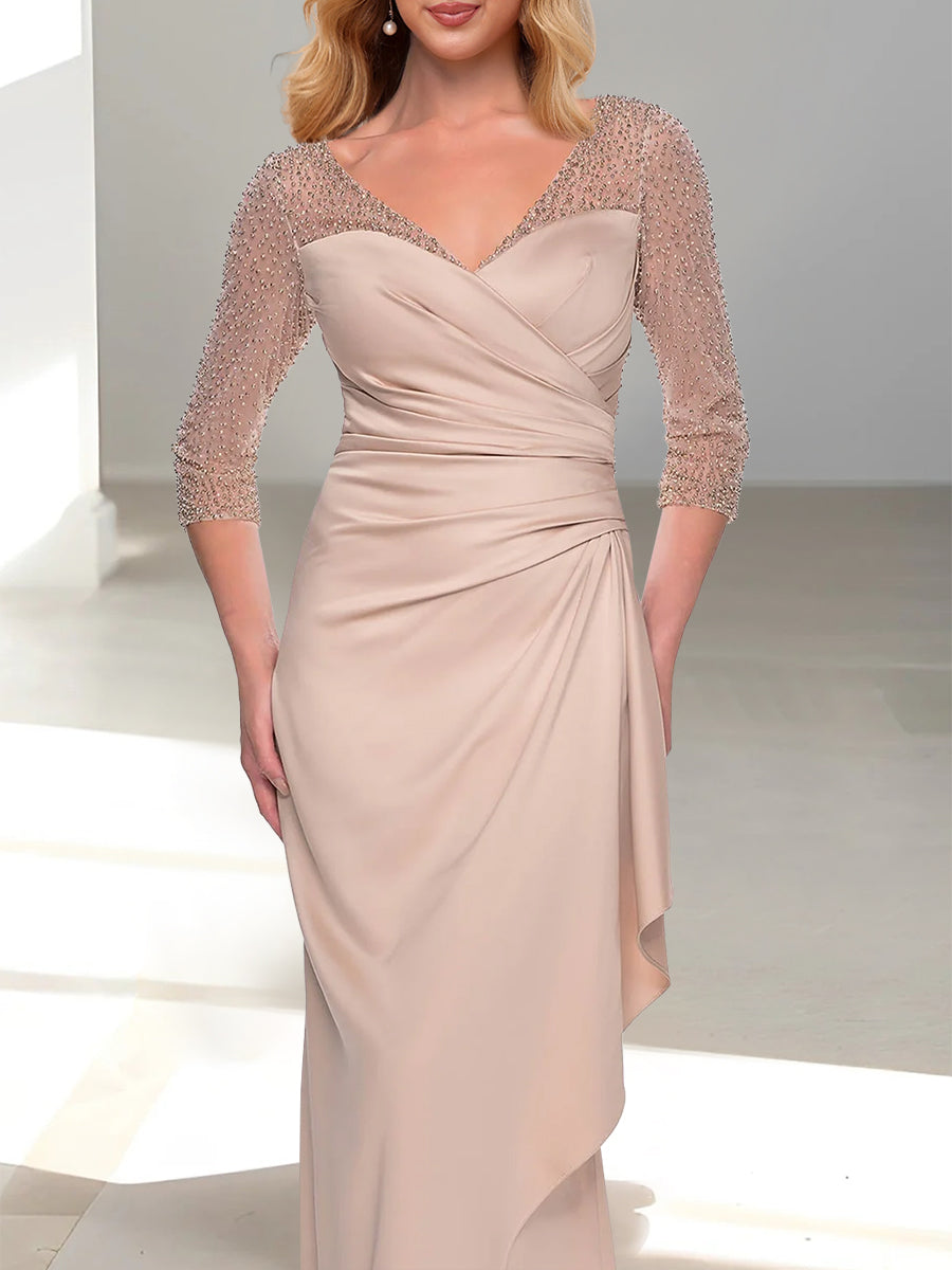 Mermaid V-Neck 3/4 Sleeve Trumpet Mother of the Bride Dress with Beading