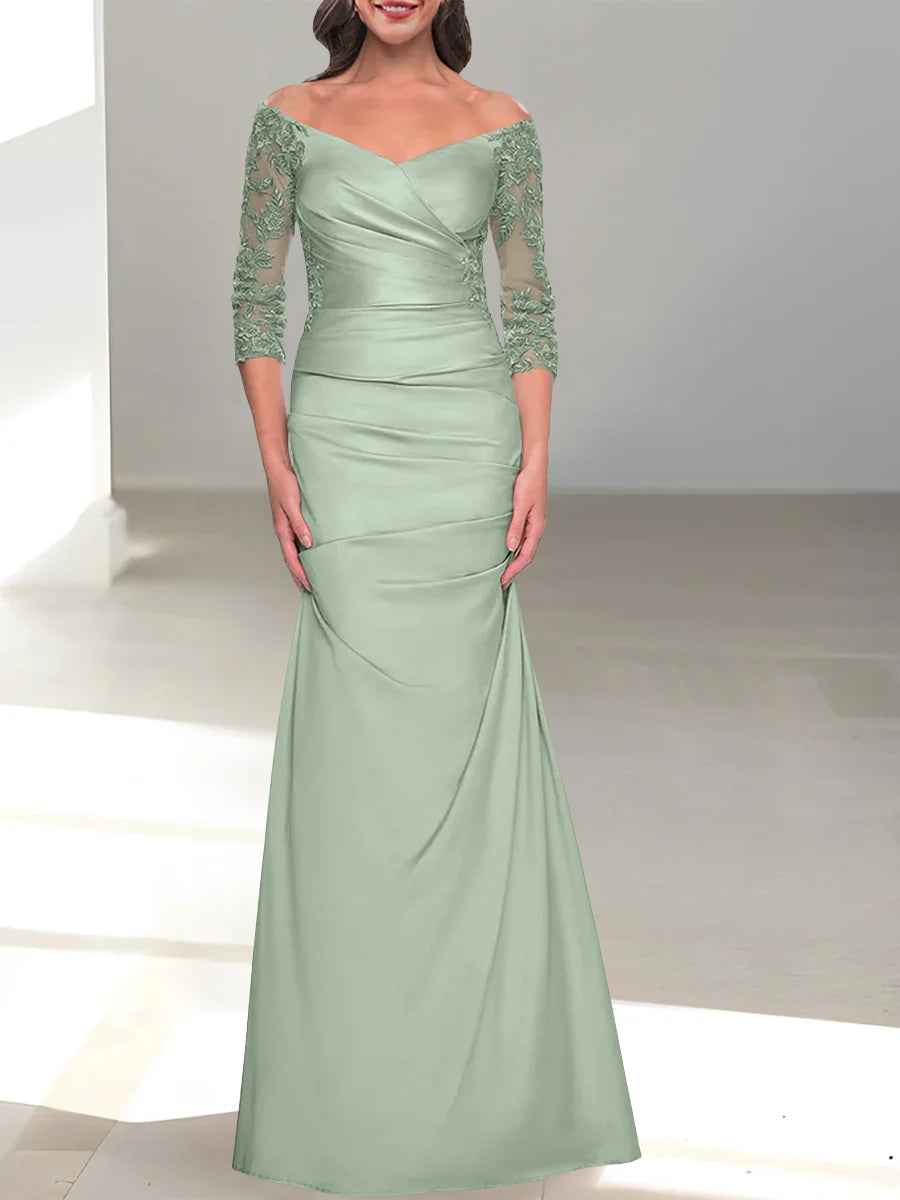 Off-the-Shoulder 3/4 Sleeve Beaded Trumpet/Mermaid Mother of the Bride Dress