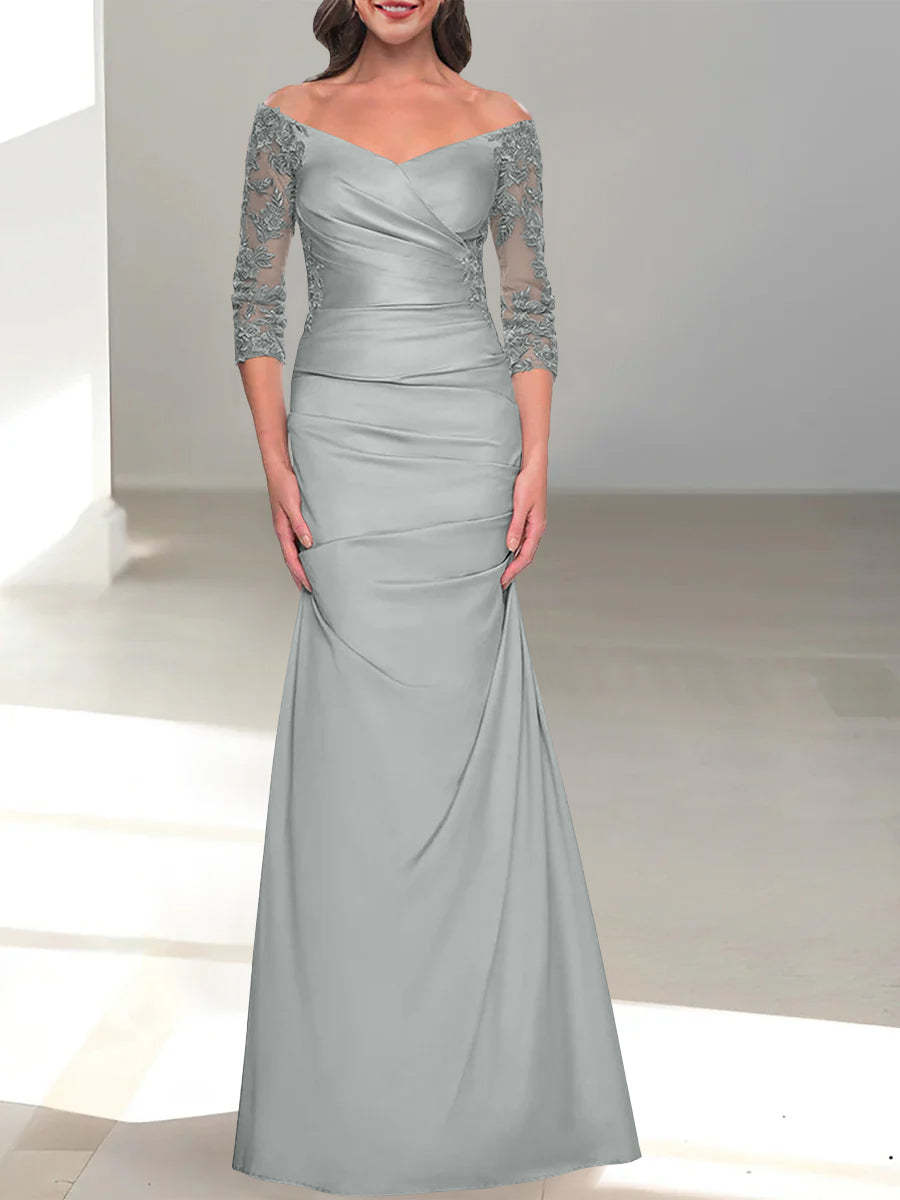 Off-the-Shoulder 3/4 Sleeve Beaded Trumpet/Mermaid Mother of the Bride Dress