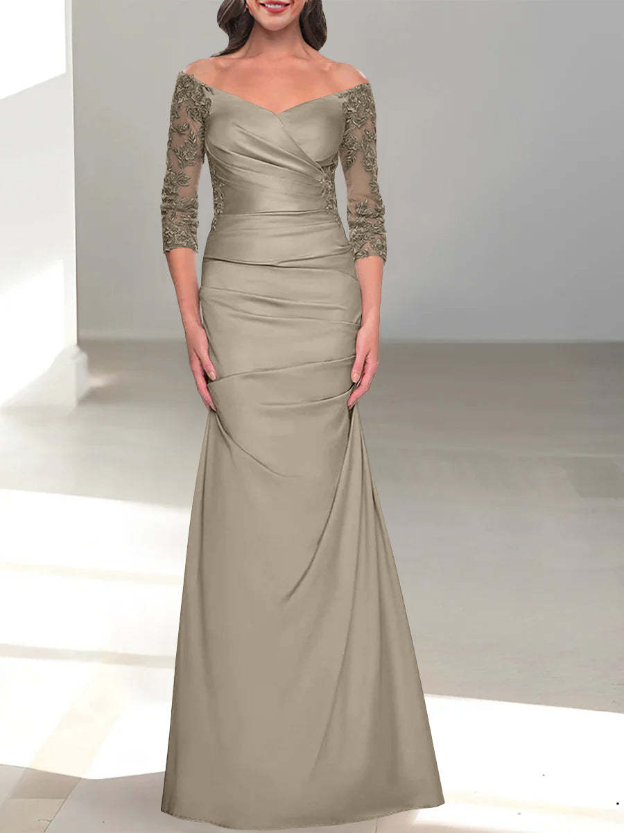 Off-the-Shoulder 3/4 Sleeve Beaded Trumpet/Mermaid Mother of the Bride Dress