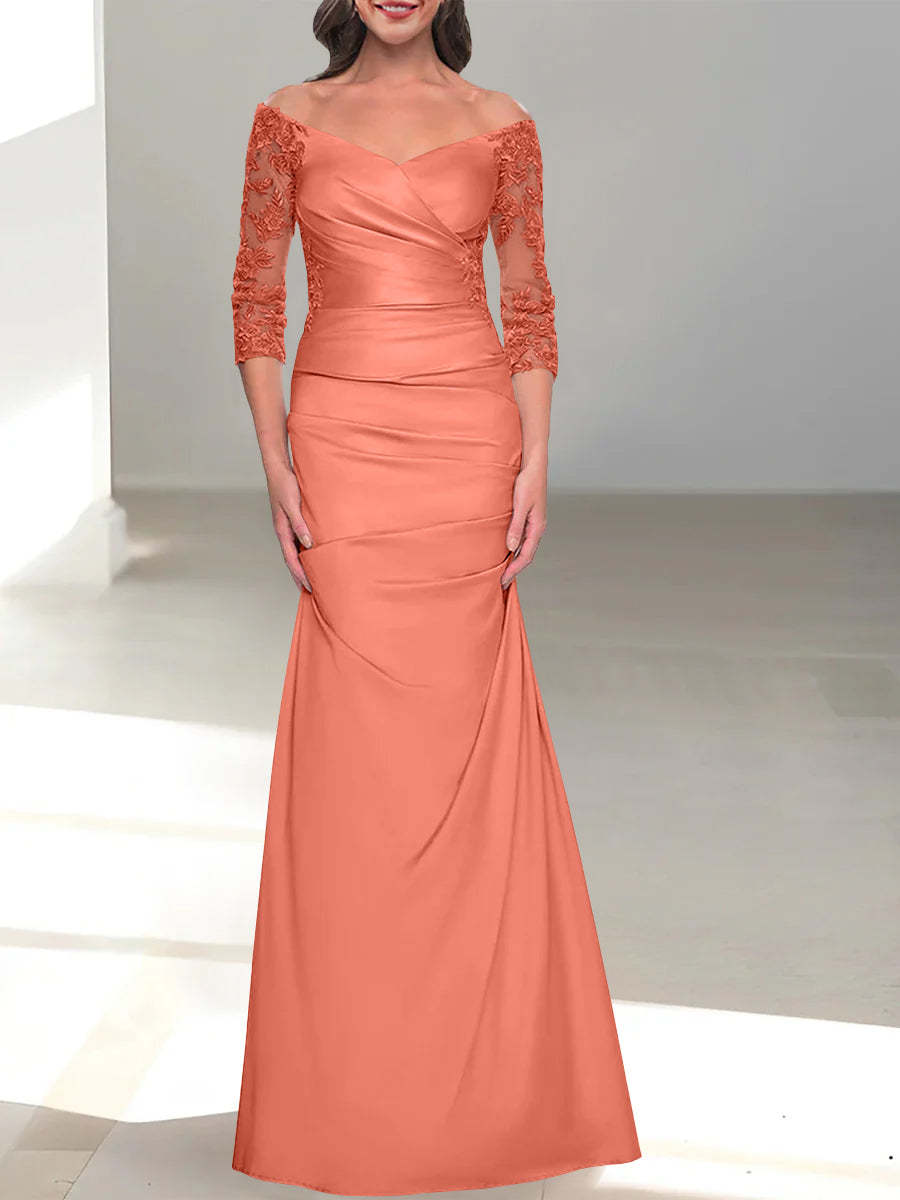 Off-the-Shoulder 3/4 Sleeve Beaded Trumpet/Mermaid Mother of the Bride Dress