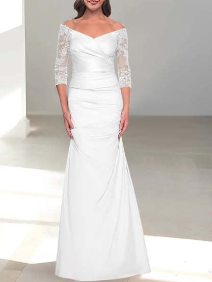 Off-the-Shoulder 3/4 Sleeve Beaded Trumpet/Mermaid Mother of the Bride Dress