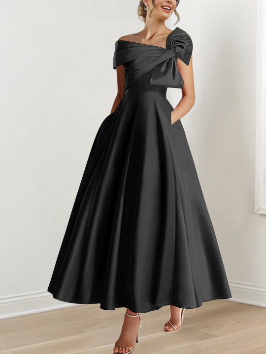 Sleeveless Off-the-Shoulder A-Line Princess Ankle-Length Mother of the Bride Dress with Bow(s)