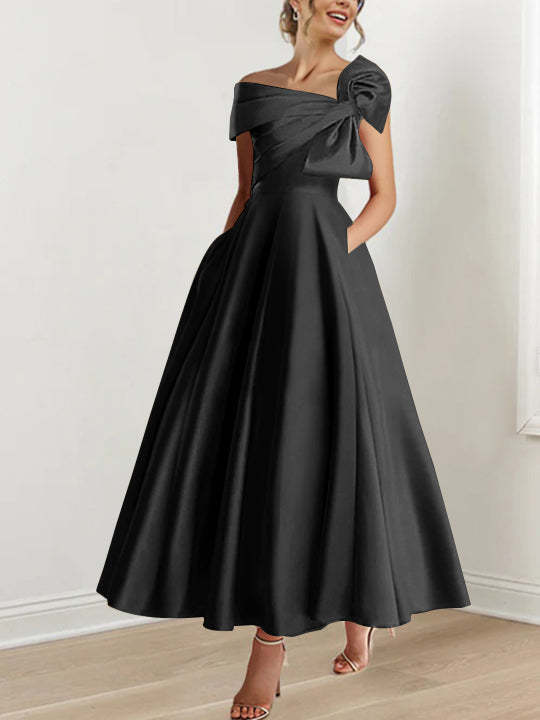 Sleeveless Off-the-Shoulder A-Line Princess Ankle-Length Mother of the Bride Dress with Bow(s)