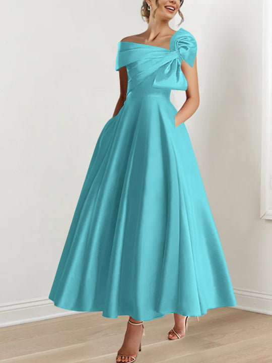 Sleeveless Off-the-Shoulder A-Line Princess Ankle-Length Mother of the Bride Dress with Bow(s)