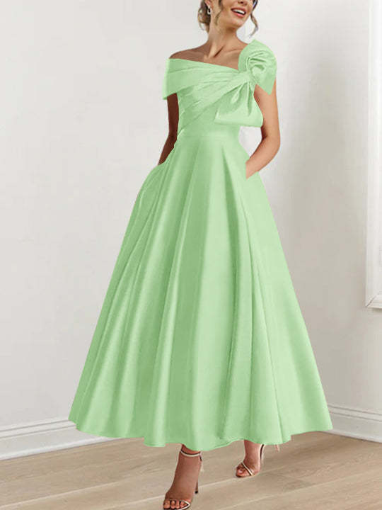 Sleeveless Off-the-Shoulder A-Line Princess Ankle-Length Mother of the Bride Dress with Bow(s)