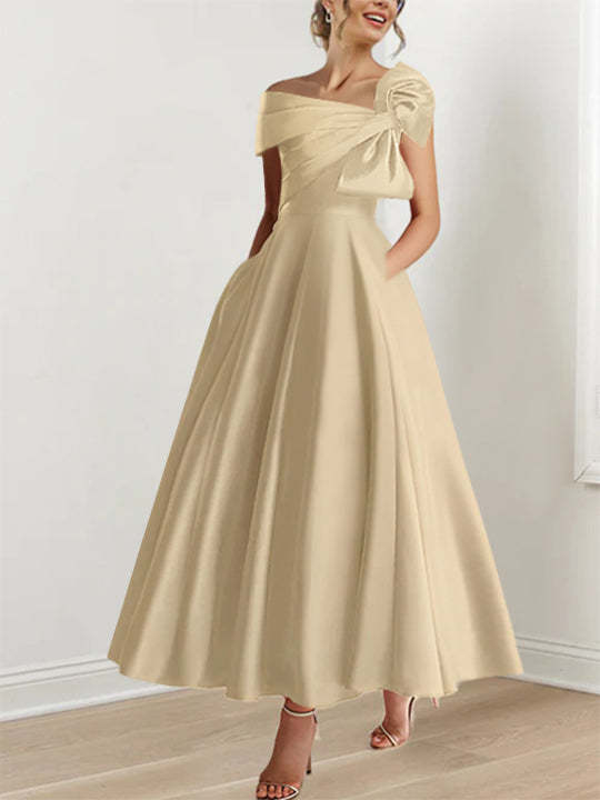 Sleeveless Off-the-Shoulder A-Line Princess Ankle-Length Mother of the Bride Dress with Bow(s)