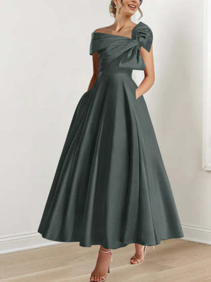 Sleeveless Off-the-Shoulder A-Line Princess Ankle-Length Mother of the Bride Dress with Bow(s)