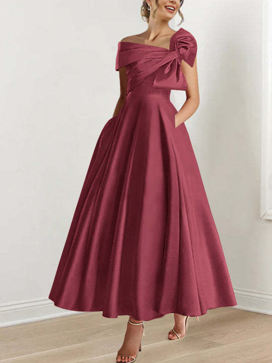 Sleeveless Off-the-Shoulder A-Line Princess Ankle-Length Mother of the Bride Dress with Bow(s)