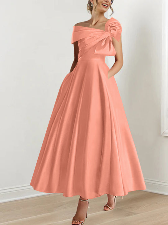 Sleeveless Off-the-Shoulder A-Line Princess Ankle-Length Mother of the Bride Dress with Bow(s)
