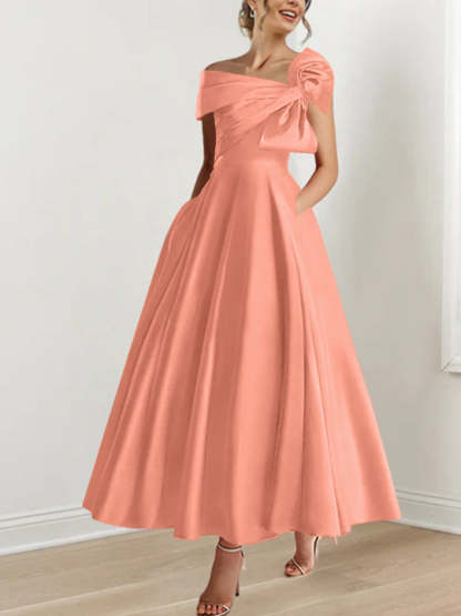 Sleeveless Off-the-Shoulder A-Line Princess Ankle-Length Mother of the Bride Dress with Bow(s)