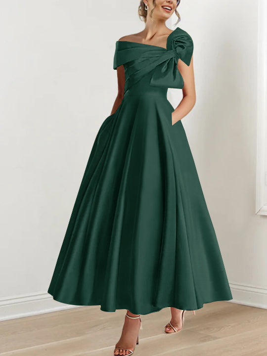Sleeveless Off-the-Shoulder A-Line Princess Ankle-Length Mother of the Bride Dress with Bow(s)