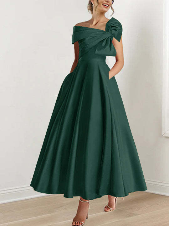 Sleeveless Off-the-Shoulder A-Line Princess Ankle-Length Mother of the Bride Dress with Bow(s)