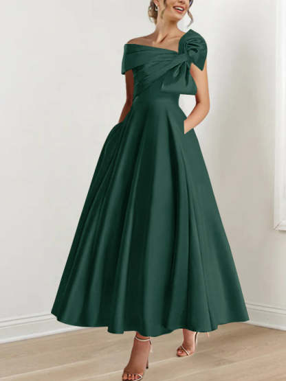 Sleeveless Off-the-Shoulder A-Line Princess Ankle-Length Mother of the Bride Dress with Bow(s)