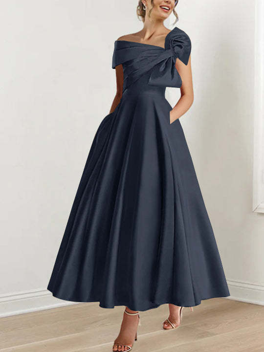 Sleeveless Off-the-Shoulder A-Line Princess Ankle-Length Mother of the Bride Dress with Bow(s)