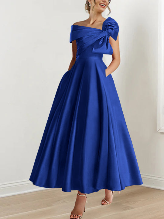 Sleeveless Off-the-Shoulder A-Line Princess Ankle-Length Mother of the Bride Dress with Bow(s)