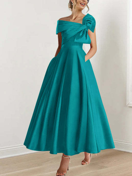 Sleeveless Off-the-Shoulder A-Line Princess Ankle-Length Mother of the Bride Dress with Bow(s)
