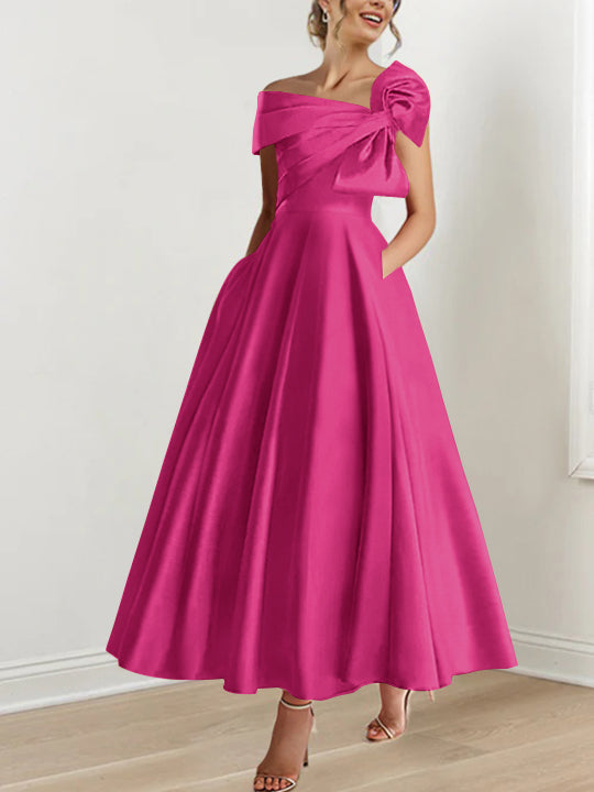 Sleeveless Off-the-Shoulder A-Line Princess Ankle-Length Mother of the Bride Dress with Bow(s)