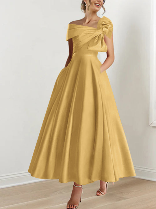 Sleeveless Off-the-Shoulder A-Line Princess Ankle-Length Mother of the Bride Dress with Bow(s)