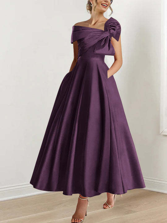 Sleeveless Off-the-Shoulder A-Line Princess Ankle-Length Mother of the Bride Dress with Bow(s)